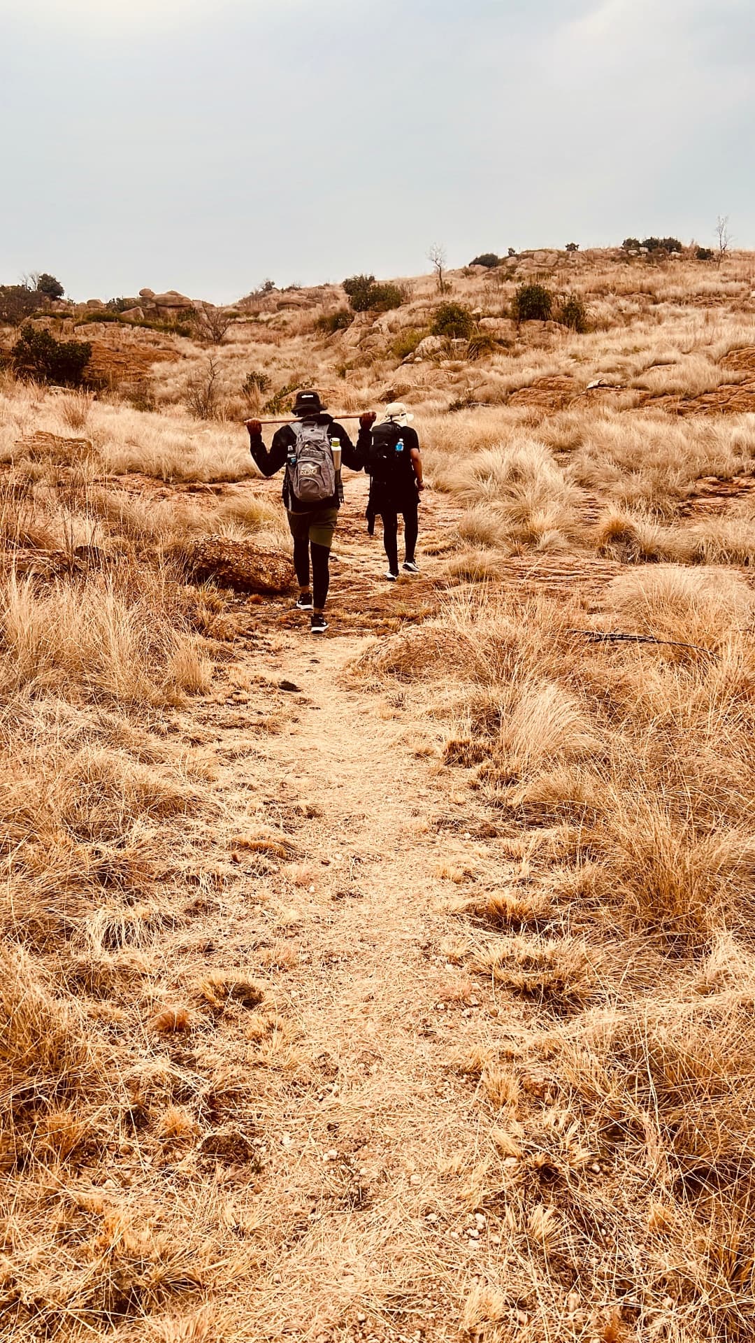 Two people walking a mountain trail