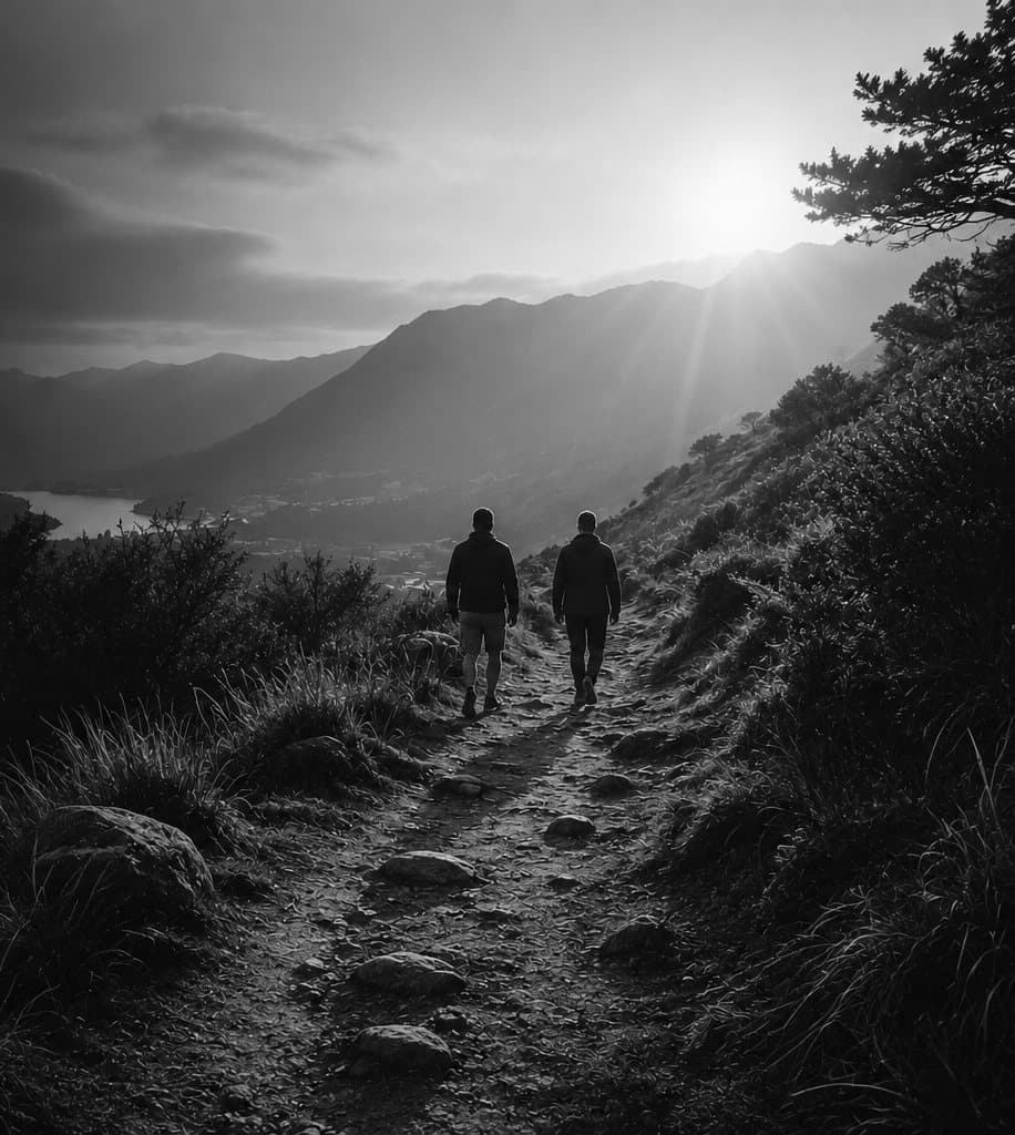 Two people walking toward a sunlit valley
