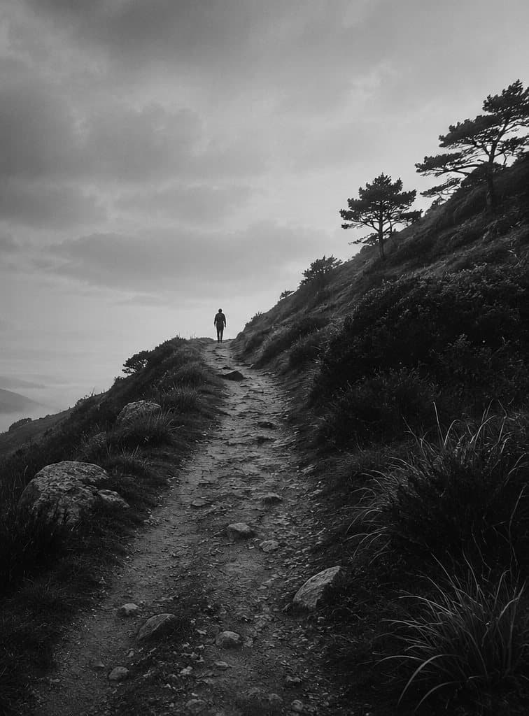 A lone figure on a misty mountain path