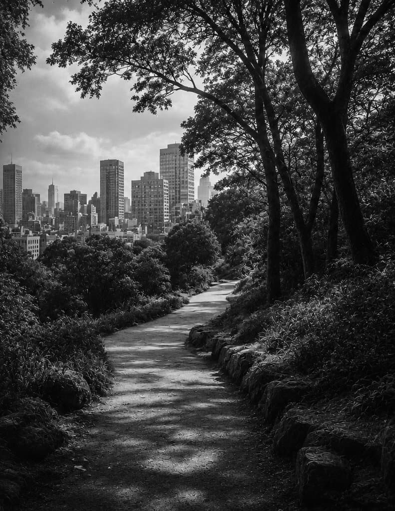 A path winding through trees toward a city skyline